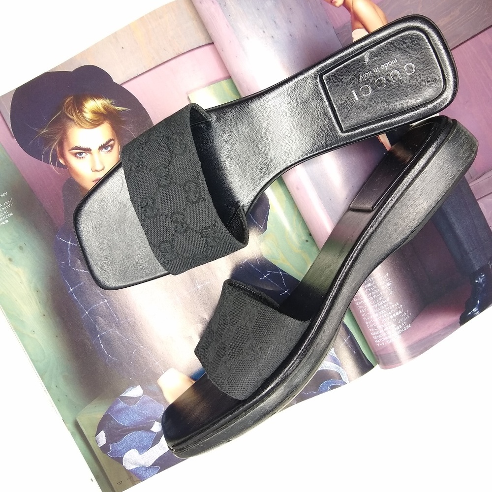 Gucci Monogram Canvas Wooden Slide Sandals